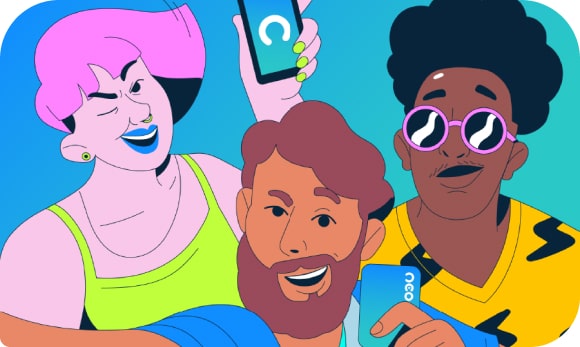Ilustração de 3 pessoas, uma segurando o cartão Neon e outra com o aplicativo da Neon aberto