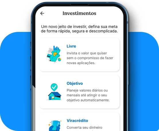 Tela de investimentos do aplicativo Neon para realizar investimento livre ou com objetivo