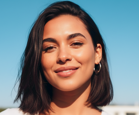 Mulher olhando para frente e sorrindo