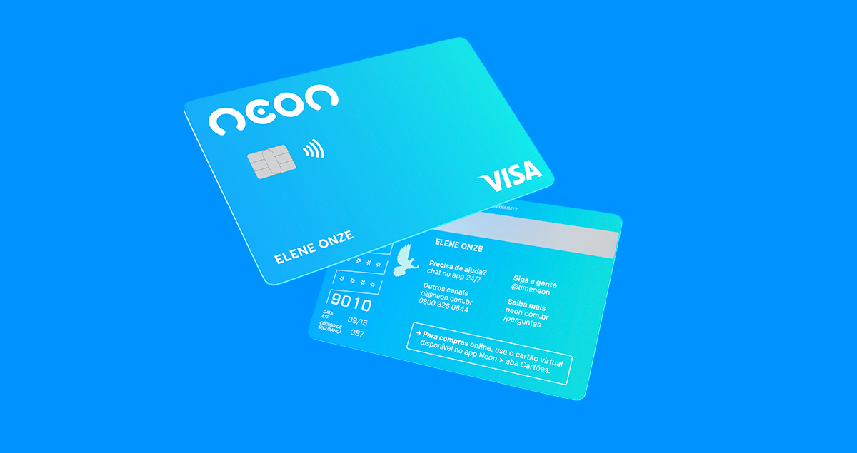 Um cartão Neon de frente e outro cartão Neon do lado contrário, ambos sobre fundo azul