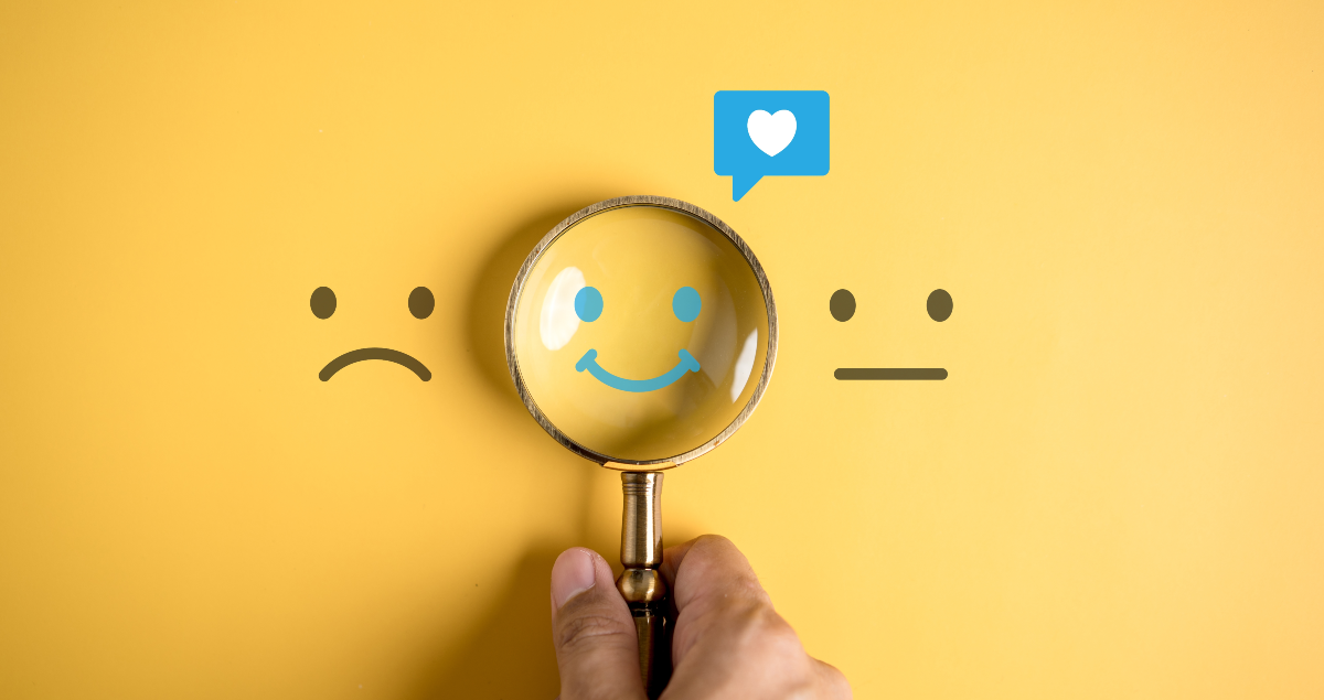 Ilustrações de felicidade e tristeza com lupa em rosto feliz