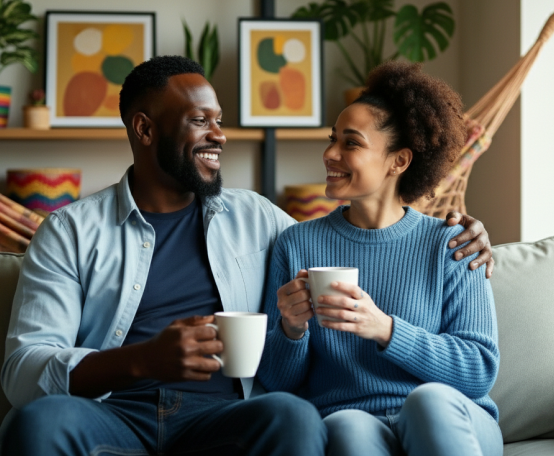 Homem e mulher sorrindo e olhando um para o outro, sentados em um sofá segurando uma xícara de café