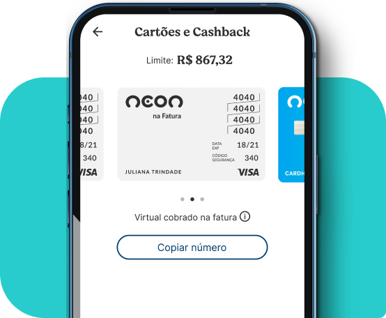 Celular com tela mostrando o cartão virtual no app Neon