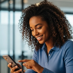 Mulher sorrindo segurando celular na mão