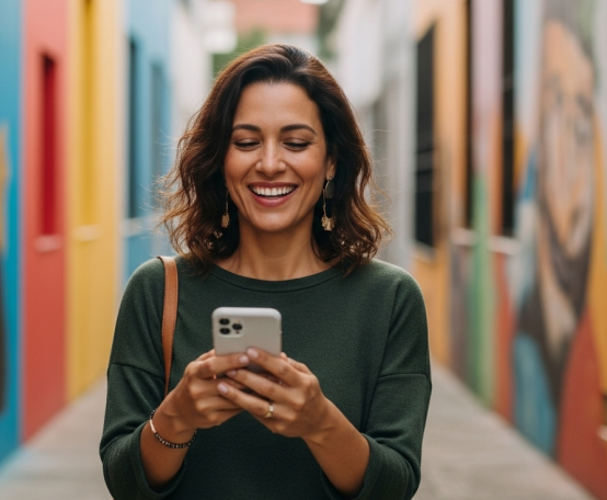 Mulher sorrindo olhando para o celular em suas mãos