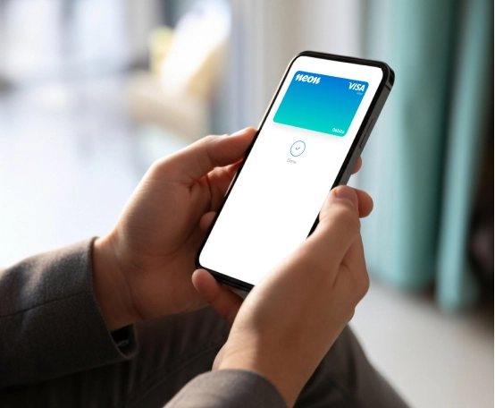 Pessoa segurando celular com tela mostrando cartão virtual da Neon