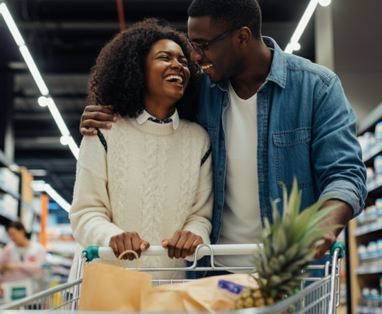 Casal olhando um para o outro, sorrindo e fazendo compras no supermercado