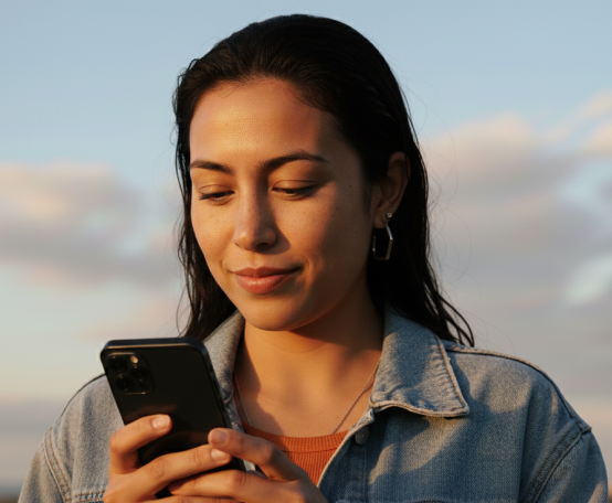 Mulher segurando celular com luz iluminando o rosto