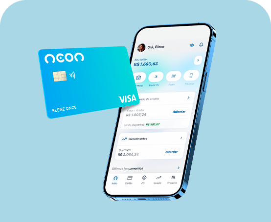 Celular mostrando tela do aplicativo Neon com cartão de crédito Neon ao lado