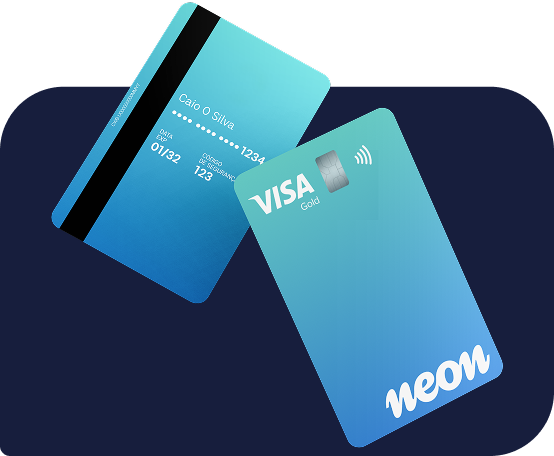 Dois cartões de crédito Neon, um em cima do outro, mostrando frente e verso