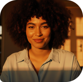 Uma mulher de cabelos cacheados e escuros, sorrindo, enquanto está sob a luz suave do pôr do sol. Ela está vestindo uma blusa clara e parece estar feliz e relaxada.