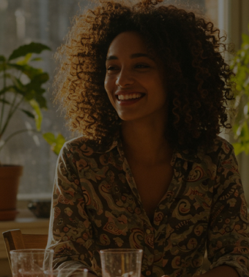 Grupo de pessoas sorrindo e conversando sentados ao redor de uma mesa