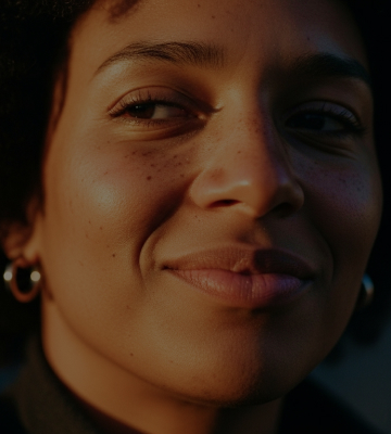 Mulher sorrindo com os olhos virados para o lado