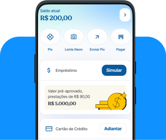 Celular mostrando na tela aplicativo Neon com opção de empréstimo