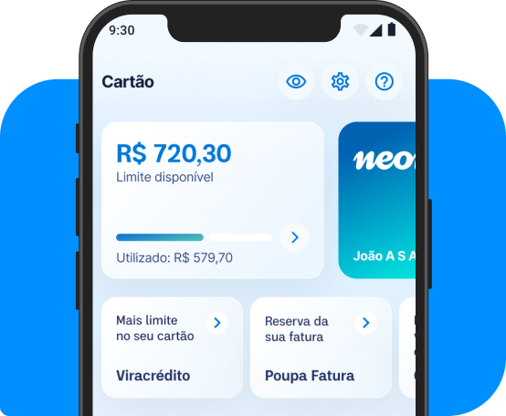 Celular mostrando tela da área de cartão de crédito no aplicativo Neon