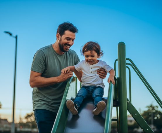 Pai cuidando do filho brincando no escorregador
