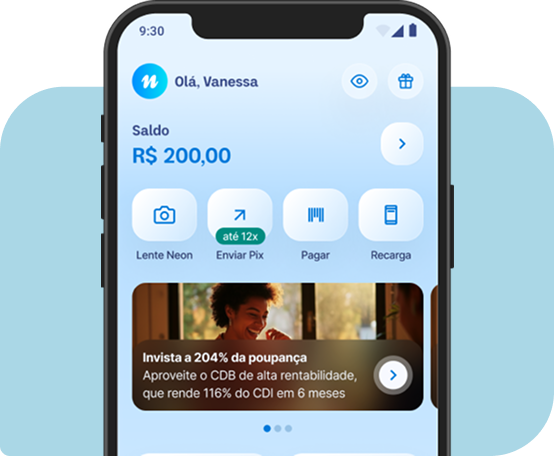 Tela inicial no aplicativo Neon