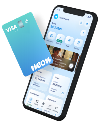 Celular com o app Neon aberto e o cartão ao lado