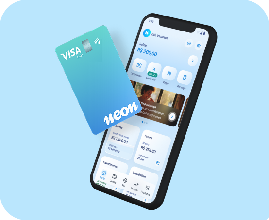 Tela de celular mostrando aplicativo Neon e cartão de crédito ao lado