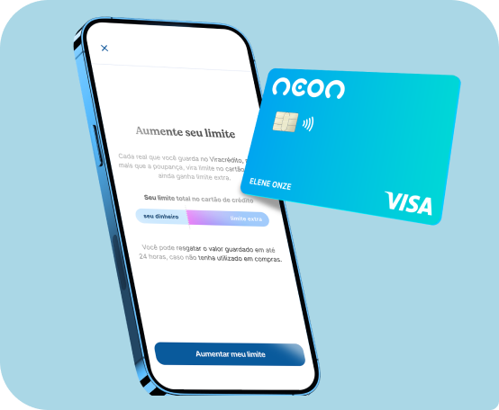 Tela de celular mostrando aplicativo Neon e cartão de crédito ao lado