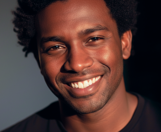 Homem sorrindo com luz iluminando o rosto