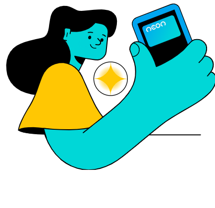 ilustração garota segurando celular com carteira digital e neon